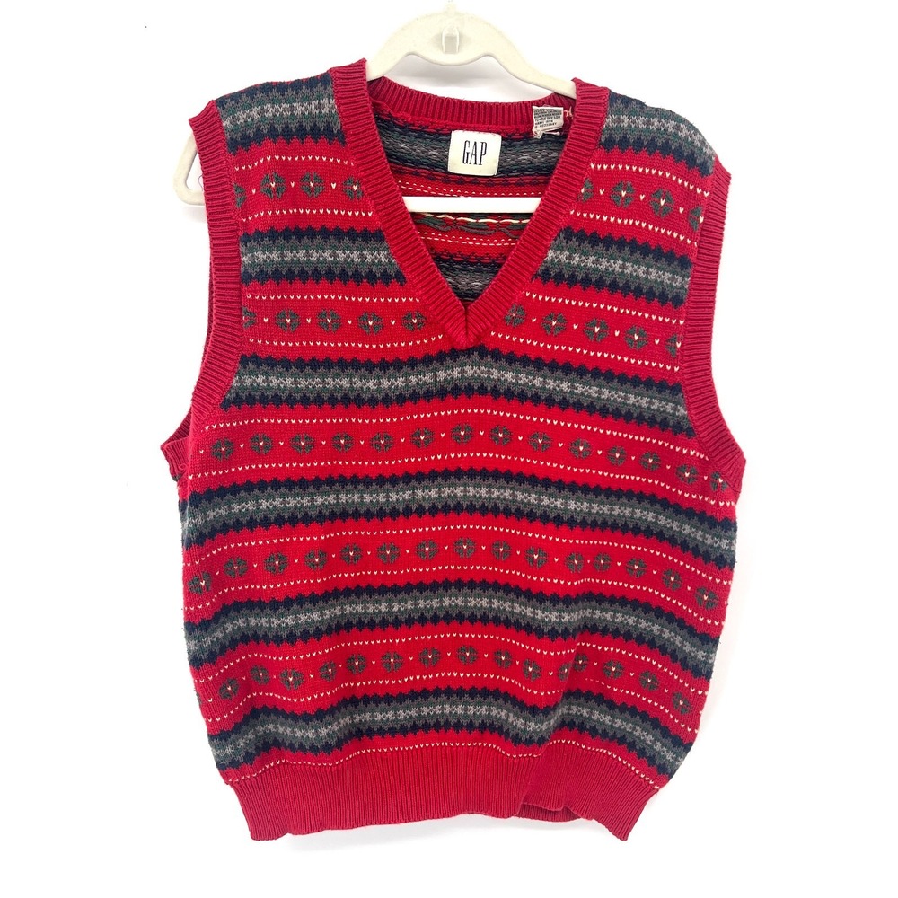 Vintage gap fair isle sweater vest grandpacore granola cabincore striped red XL